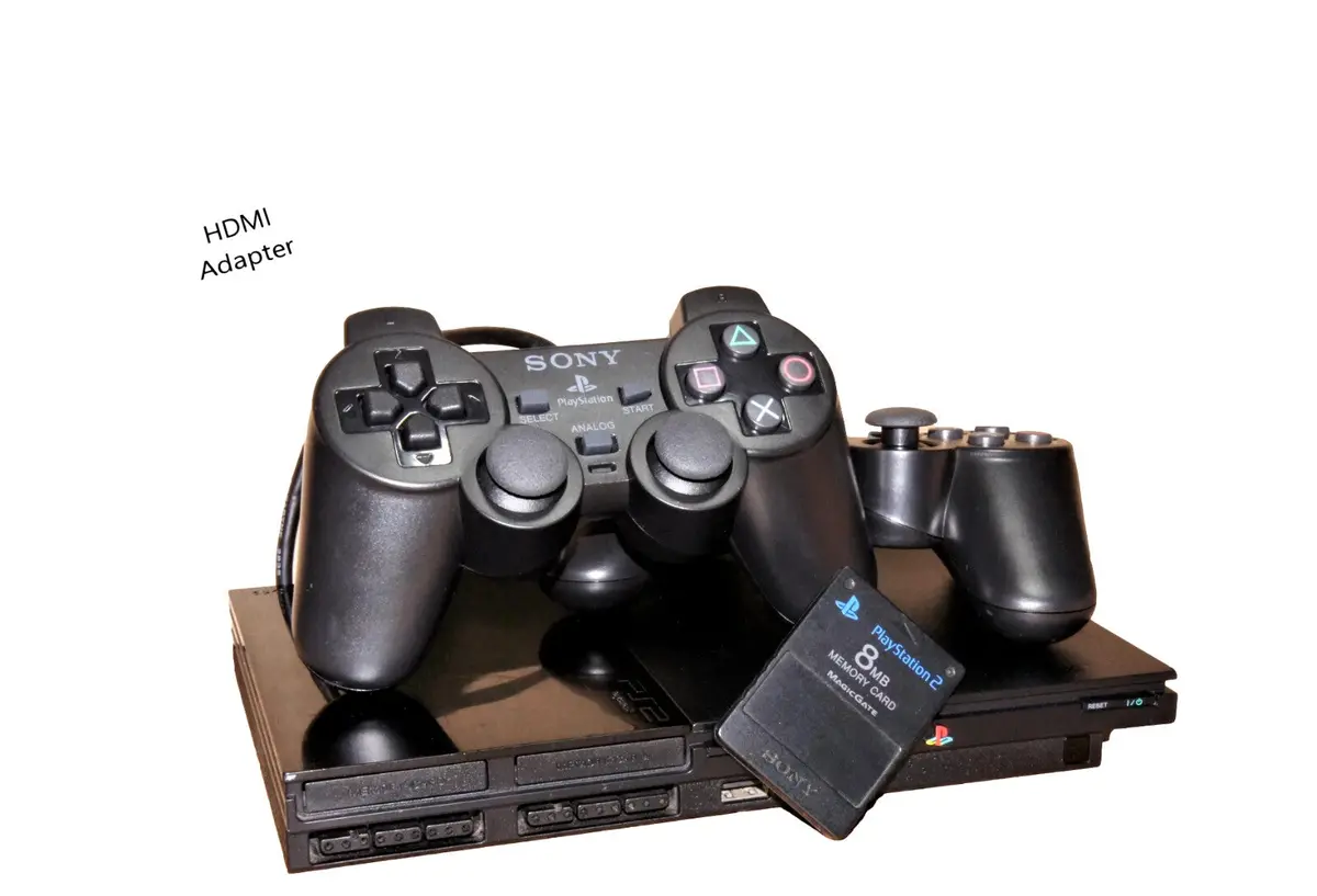 Black Playstation 2 Ps2 Slim Console + 2 Dual Shock Controller Pal Hdmi Adapter (Preowned) 1