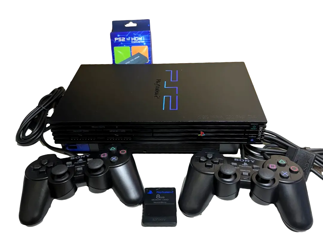 Black Fatboy Ps2 Console + 2 X Dual Shock Controller Pal With Hdmi Adapter (Pre-Owned) 1